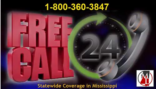 Free Call 24-hour banner with phone number 1-800-360-3847 for statewide coverage in Mississippi.