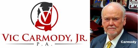 Logo for Vic Carmody, Jr., P.A., Jr. P.A. law firm with professional photograph of attorney in business attire