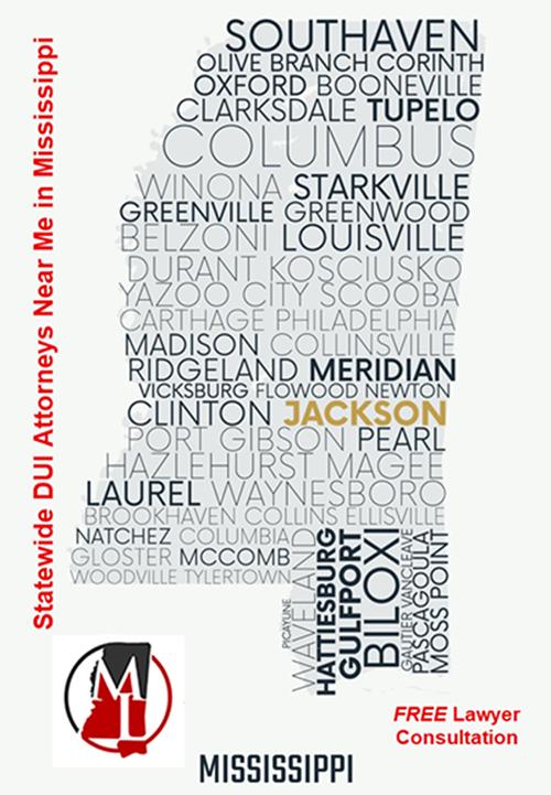 Mississippi word-cloud map of city names with Jackson highlighted gold, captioned statewide DUI attorneys.